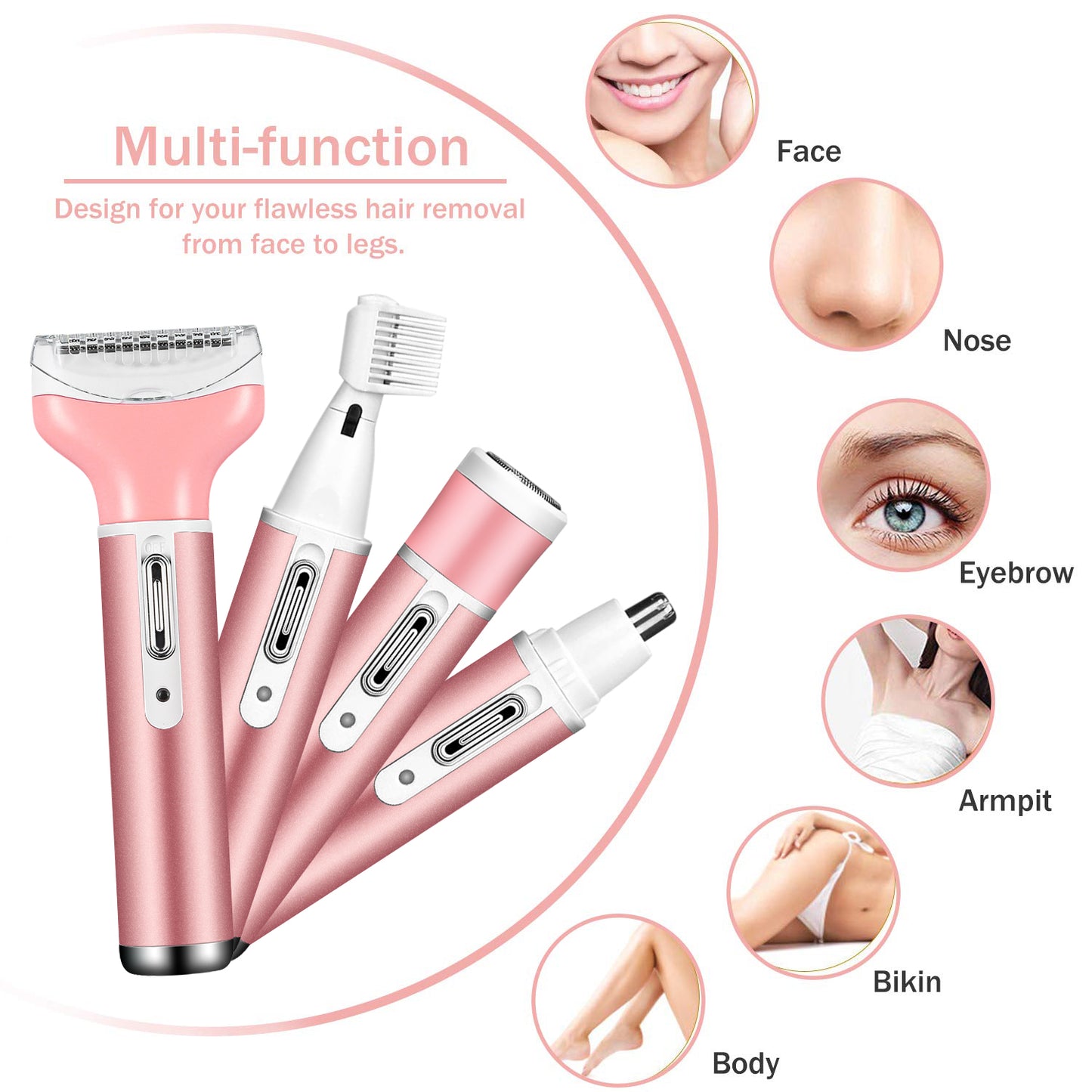 Electric Razor for Women Bikini Trimmer, Centerel Women's Shaver Cordless 4 in 1 Wet and Dry, Shaver for face, Legs and underarms, Replaceable Trimmer Head