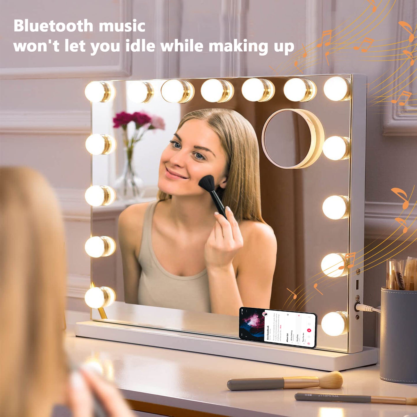 Vanity Mirror with Lights, Makeup Mirror with Bluetooth and 10X Magnification, Hollywood Lighted Mirror with 15 Dimmable LED Bulbs for Dressing Room & Bedroom
