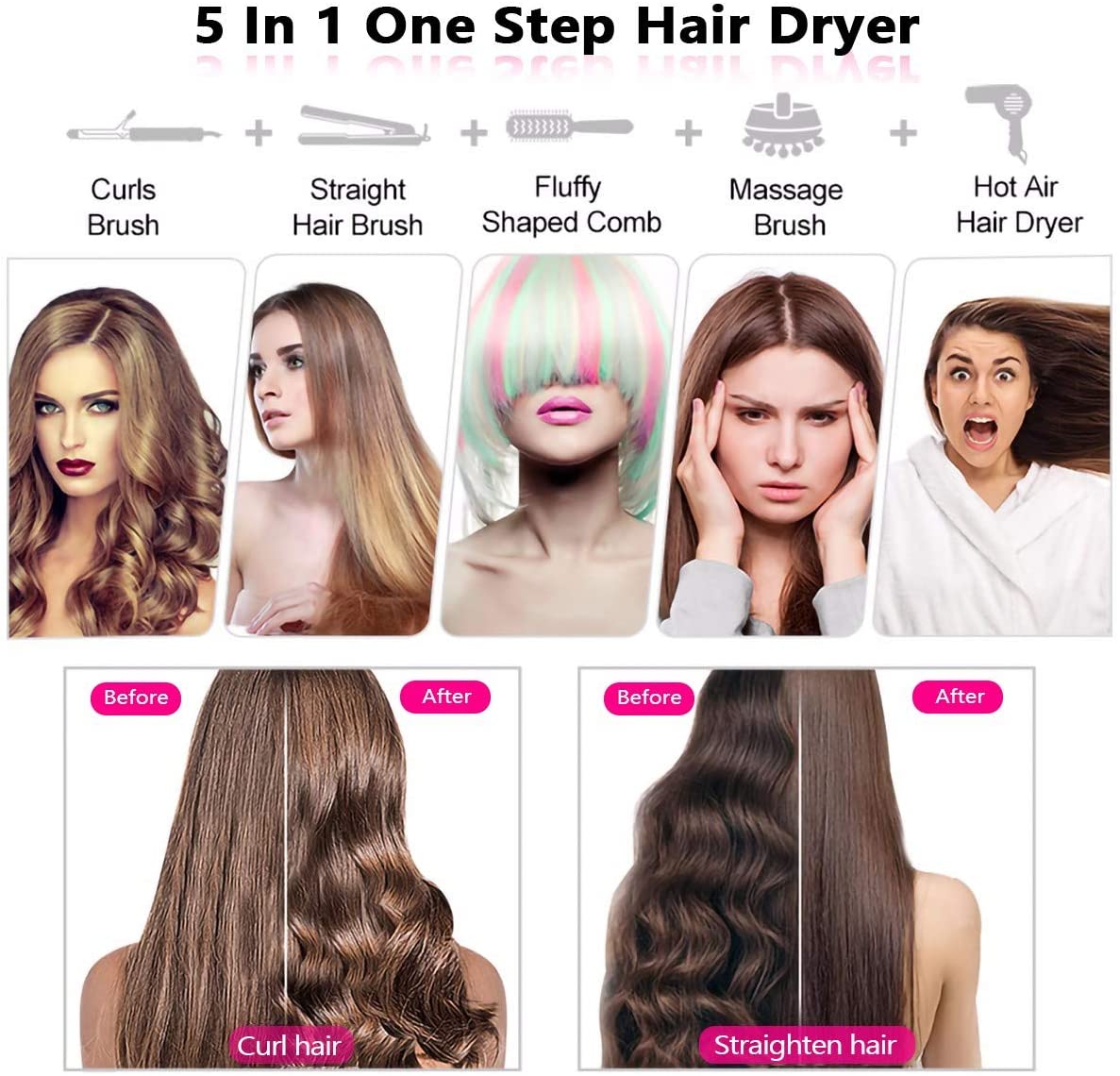 Elecsop 5 in 1 Hair Blower Brush Hair Dryer Professional Hot Airwrap Styler Electric Hair Dryer and Volumizer Hot Air Brush Set, Gray