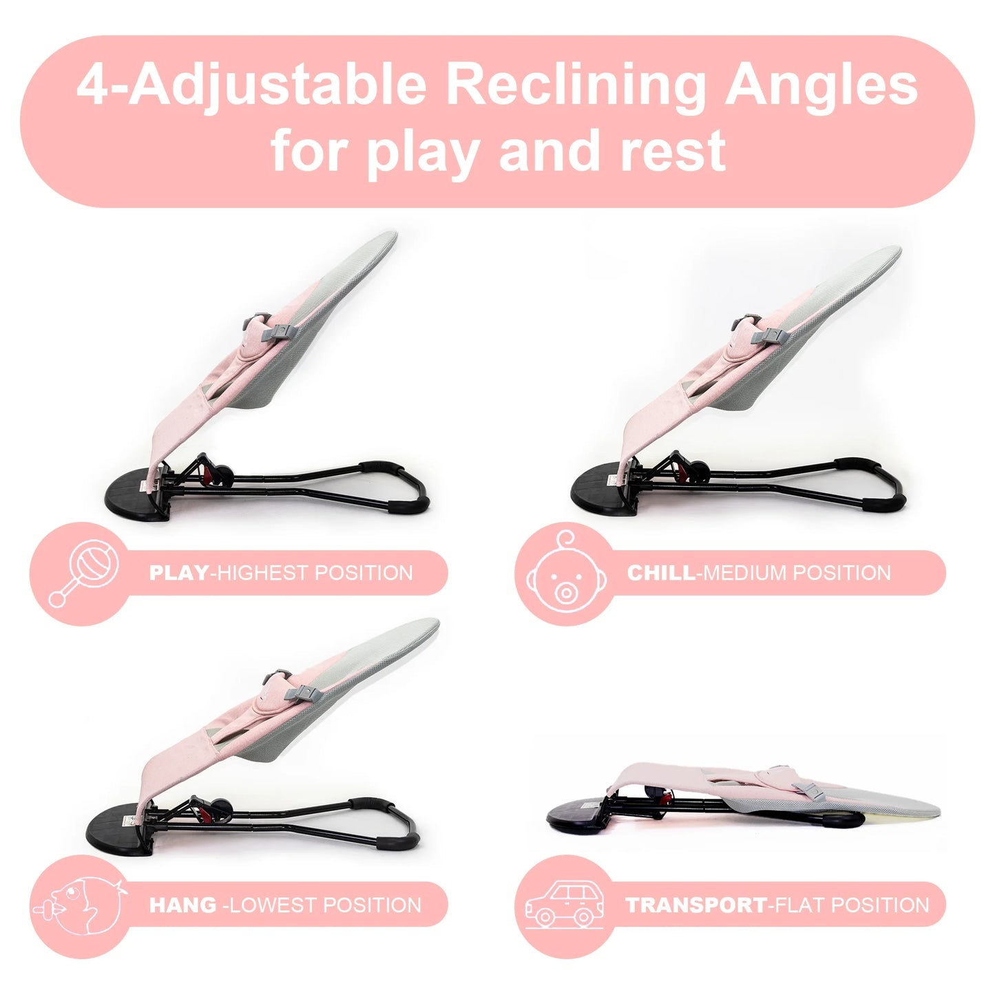 Baby Bouncer, Portable Baby Bouncer Seat, Infant Rocker Chair with 3 Recline Positions for Infants, Pink