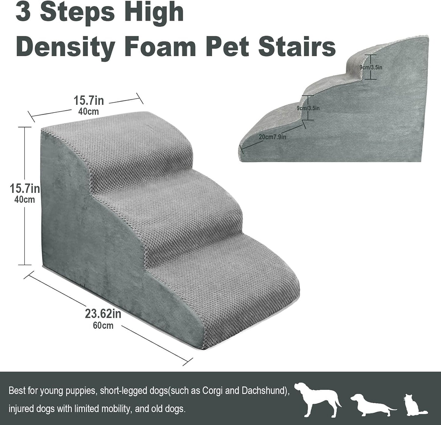 BDUN Dog Stairs for Small Dogs, 3-Step Non-Slip Stable Pet Steps for High Beds and Couch