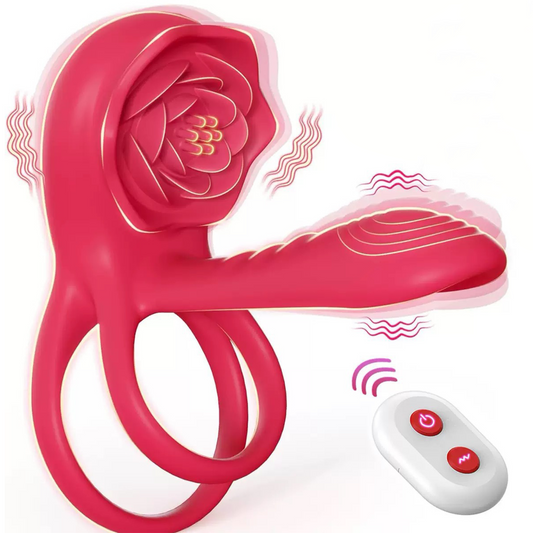 Rose Toy Vibrator Lock Rings Nipple Clitoris Stimulator Vibrators Sex Toys for Couple Delay Lick Vagina Toys with Penis Ring - Red