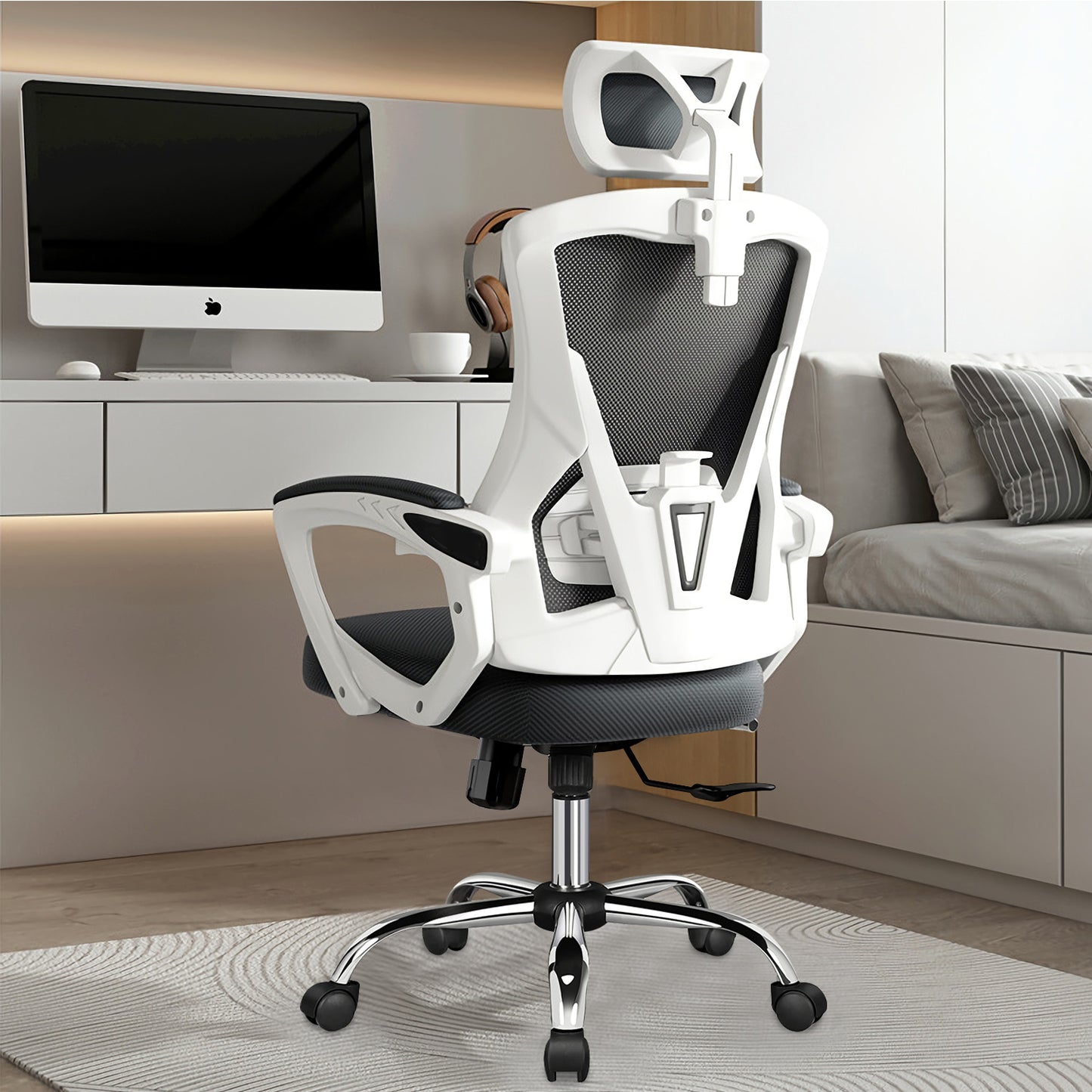 Happylost Ergonomic Office Chair,With Adjustable Headrest, Lumbar Support and PU Wheels, Swivel Computer Task Chair for Office,White