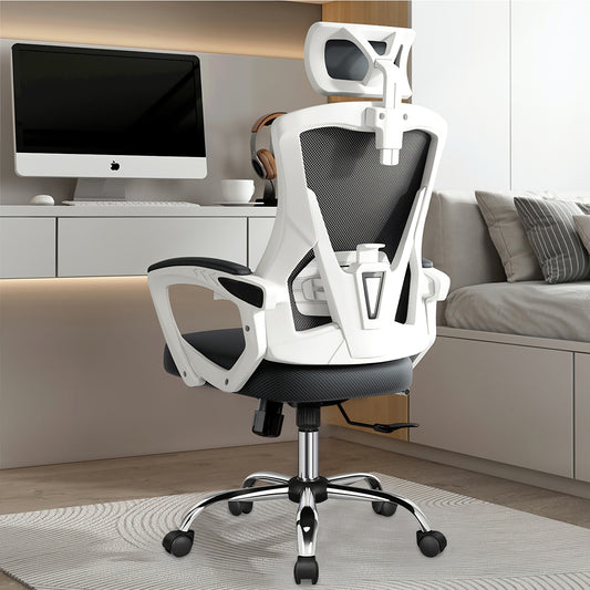 Happylost Ergonomic Office Chair,With Adjustable Headrest, Lumbar Support and PU Wheels, Swivel Computer Task Chair for Office,White