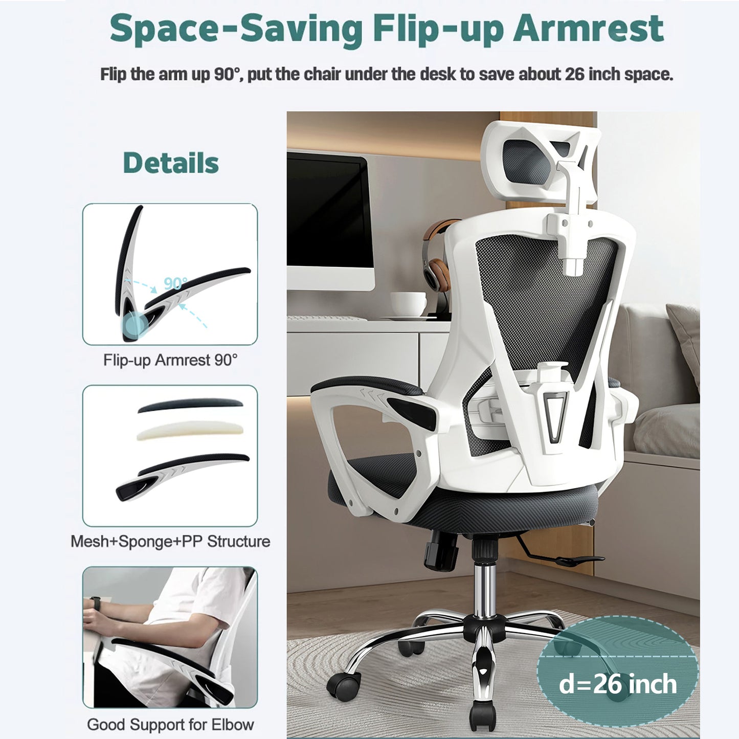 Happylost Ergonomic Office Chair,With Adjustable Headrest, Lumbar Support and PU Wheels, Swivel Computer Task Chair for Office,White