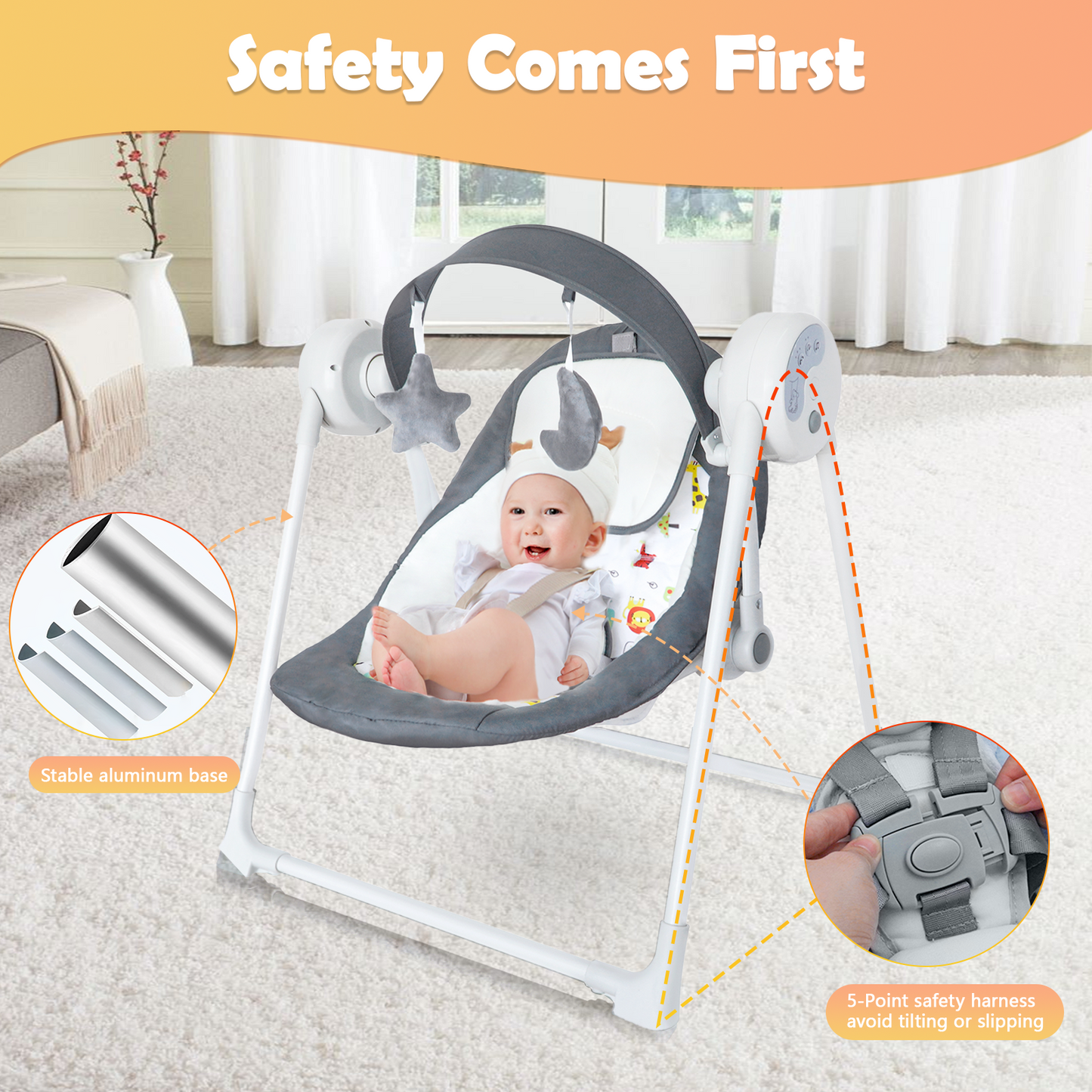 Baby Swing for Infants, 5 Speed Electric Baby Swing, Baby Rocker Adjustable Seat for Newborn & up, Gray