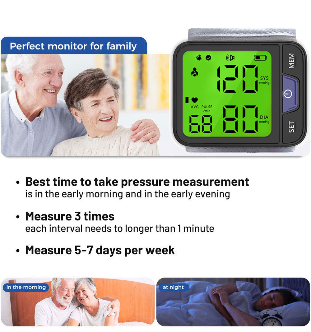 Wrist Blood Pressure Monitor Large LCD Display BP Machine Adjustable Cuff 5.31-7.68 inch Automatic 120 measurements wit