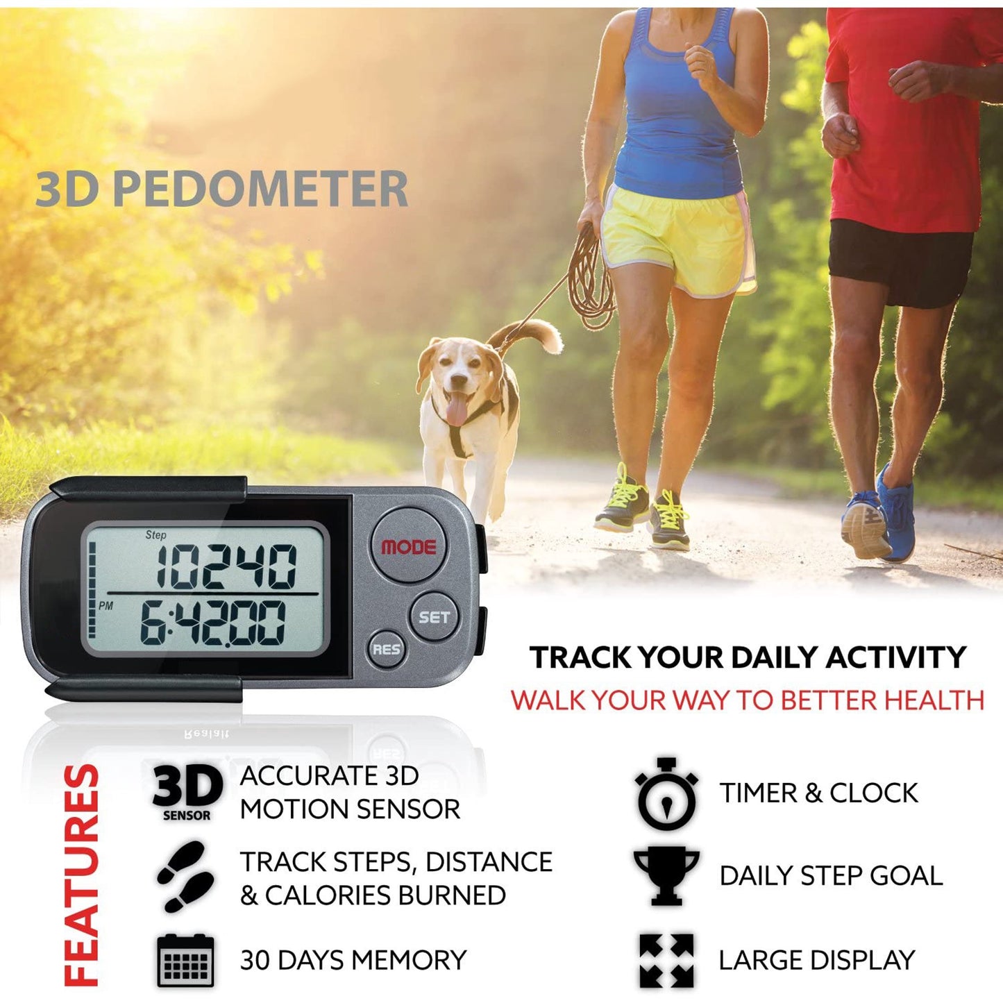 Pedometer for walking, 3D Pedometer with Clip and Strap, 30 Days Memory, Accurate Step Counter, Walking Distance Miles/Km, Calorie Counter, Daily Target Monitor, Exercise Time.