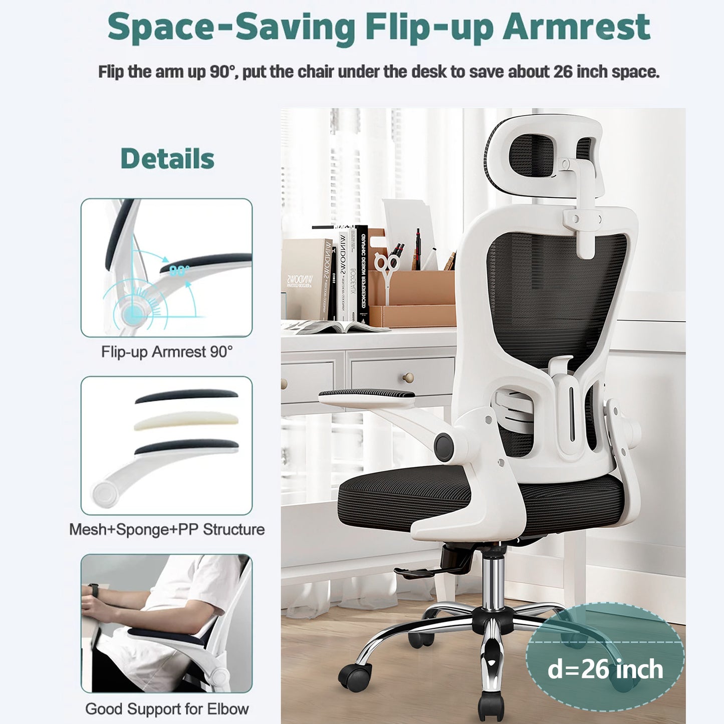 Ergonomic Office Chair with Lumbar Support and Headrest, Swivel Desk Chair with Armrests, White