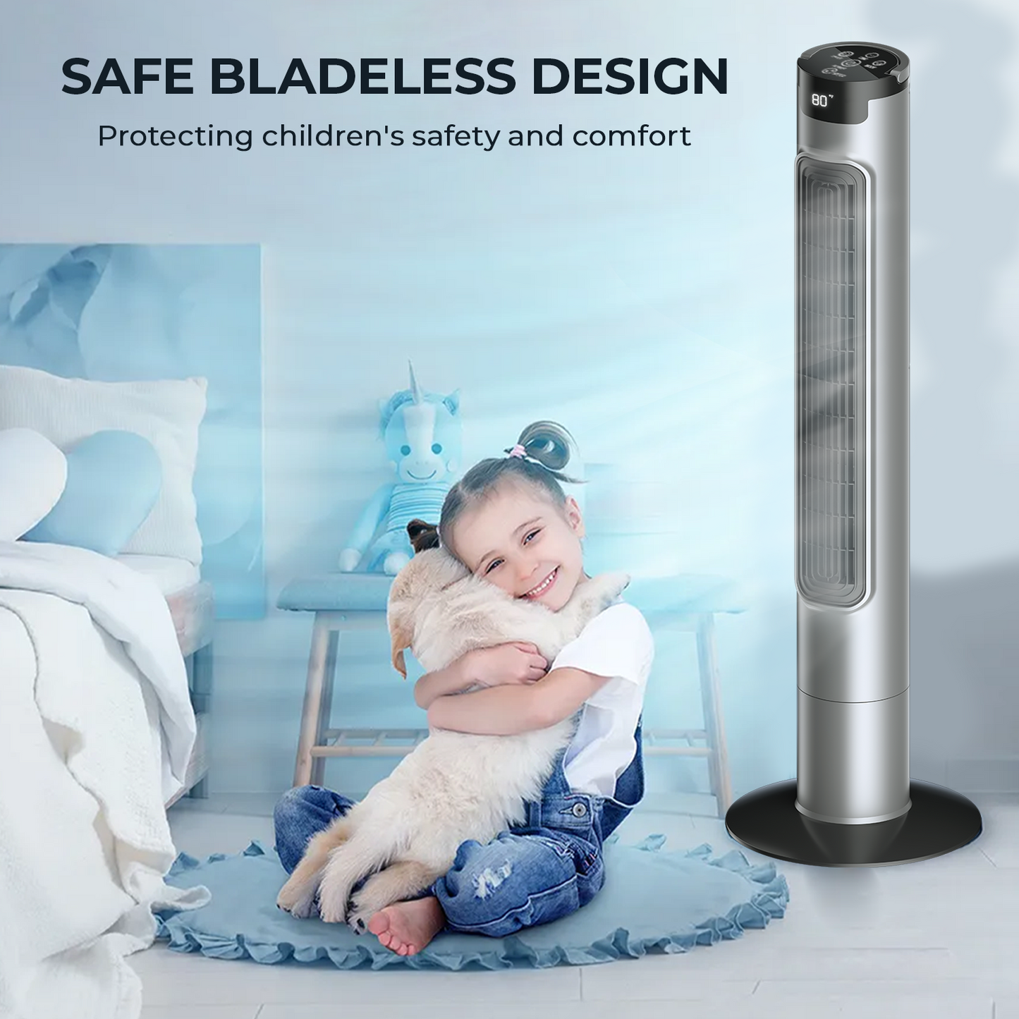 Blarity Tower Fan for Home, Quiet Bladeless Floor Fan with Remote, 90° Oscillating Standing Fans for Bedroom