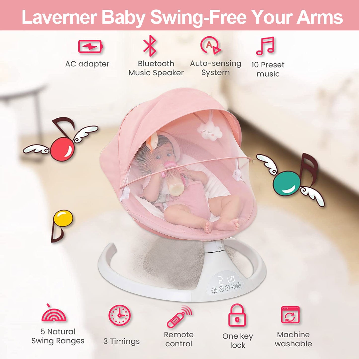 Baby Swing for Infants, Bluetooth Rocker, Newborn Electric Auto Swing Chair with 5 Gears & Time Set & Music, Pink