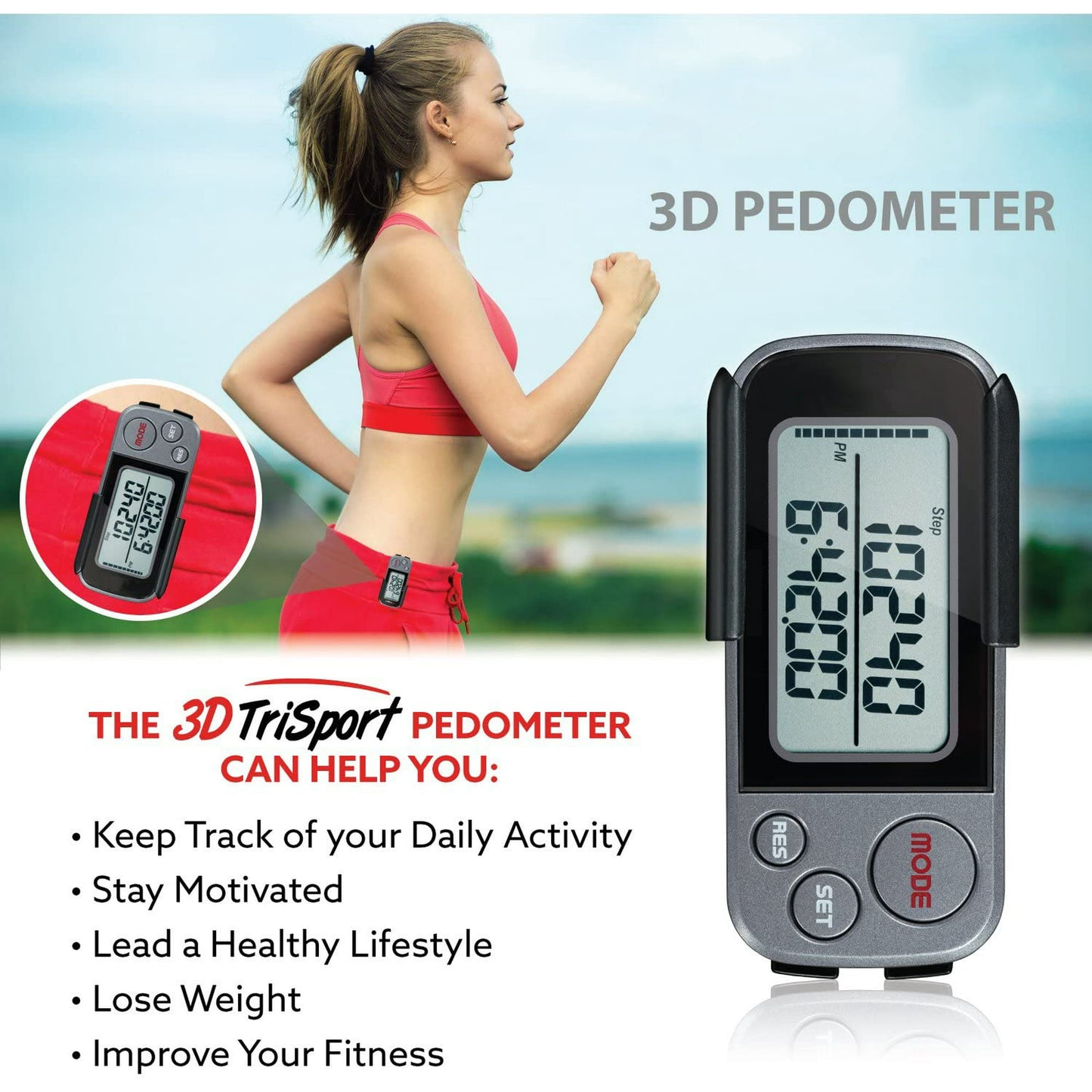 Pedometer for walking, 3D Pedometer with Clip and Strap, 30 Days Memory, Accurate Step Counter, Walking Distance Miles/Km, Calorie Counter, Daily Target Monitor, Exercise Time.