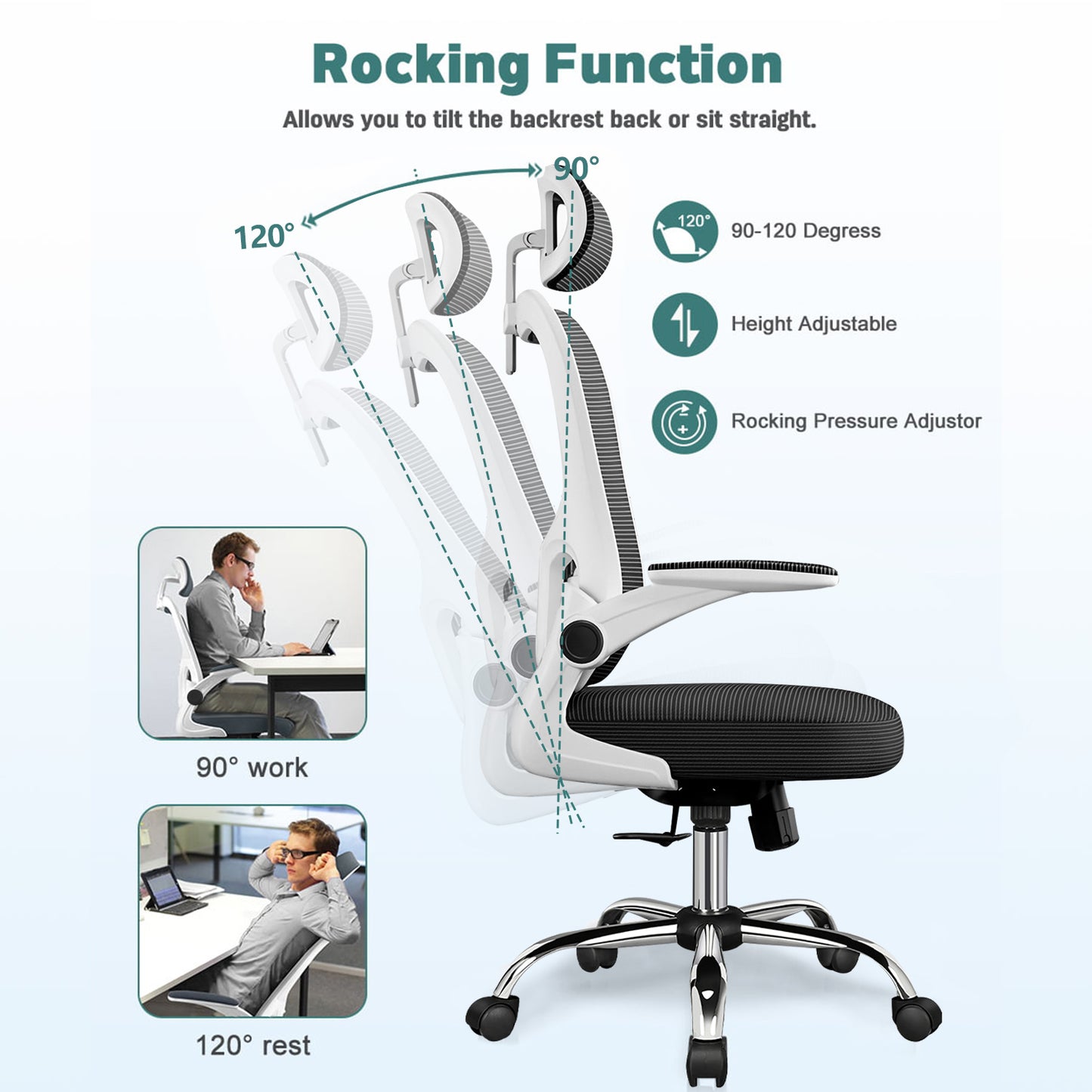 Ergonomic Office Chair with Lumbar Support and Headrest, Swivel Desk Chair with Armrests, White