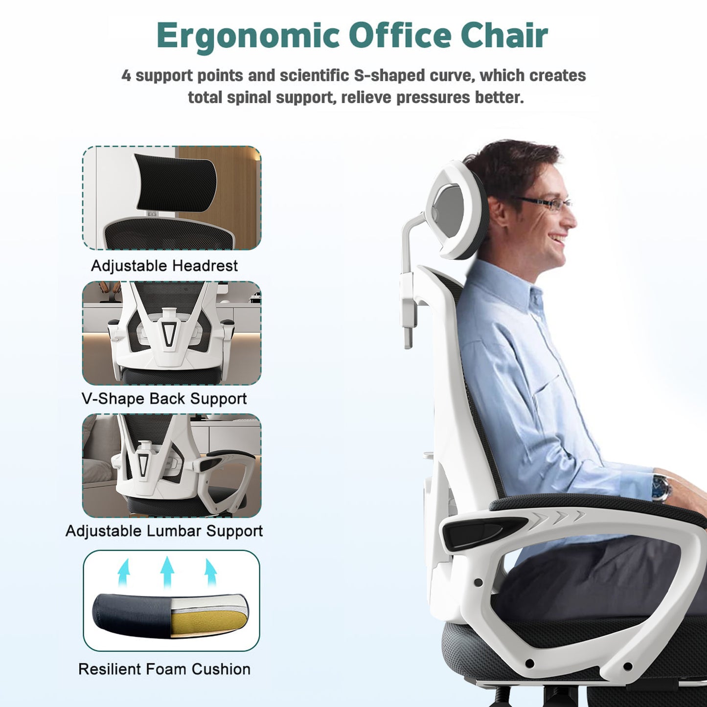 Happylost Ergonomic Office Chair,With Adjustable Headrest, Lumbar Support and PU Wheels, Swivel Computer Task Chair for Office,White