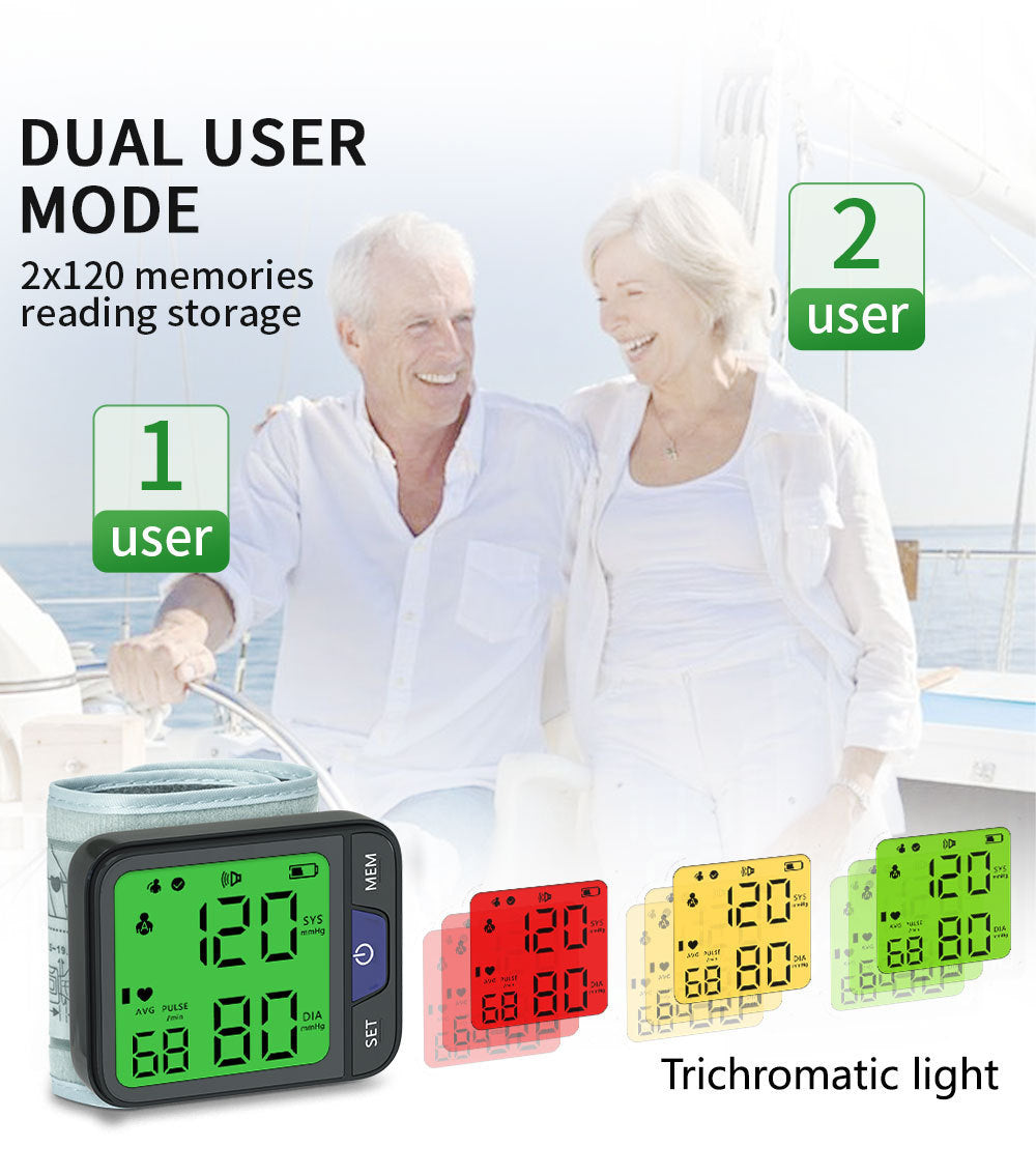 Wrist Blood Pressure Monitor Large LCD Display BP Machine Adjustable Cuff 5.31-7.68 inch Automatic 120 measurements wit