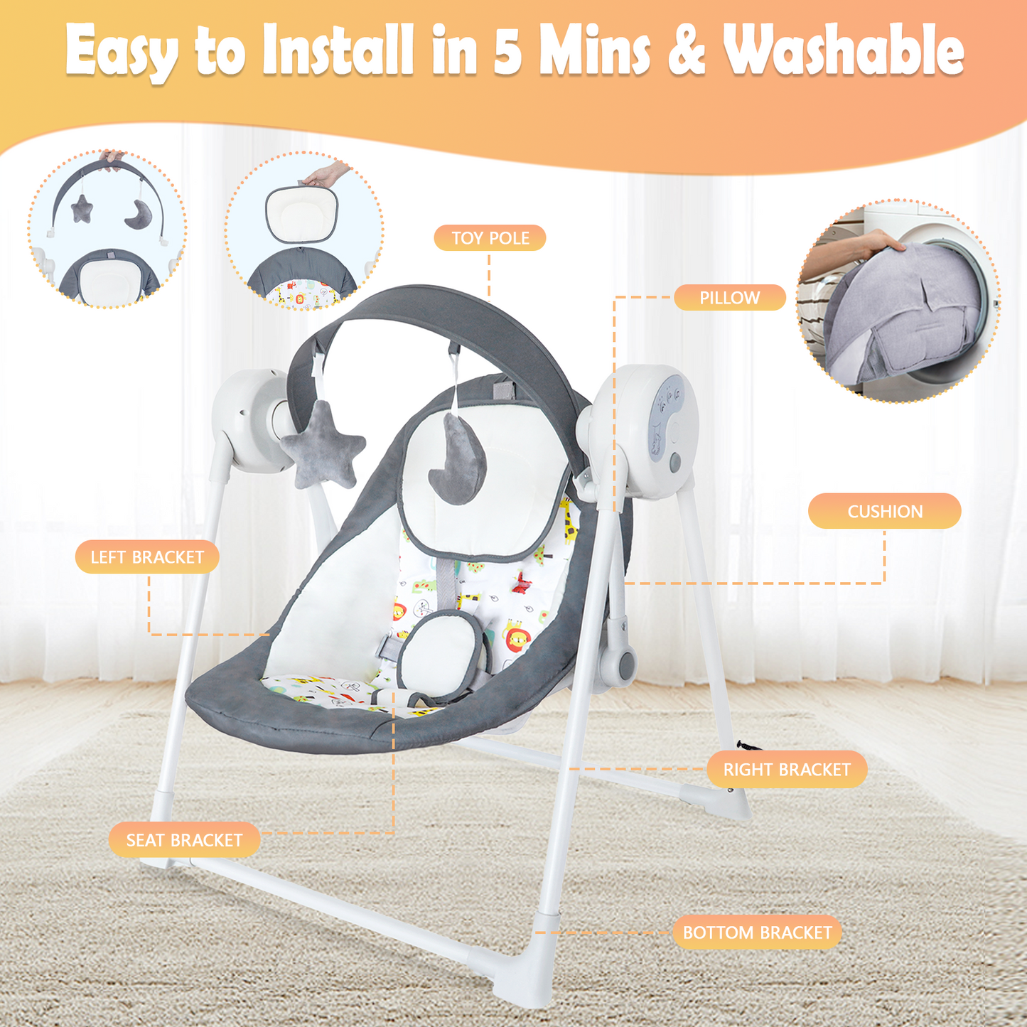 Baby Swing for Infants, 5 Speed Electric Baby Swing, Baby Rocker Adjustable Seat for Newborn & up, Gray