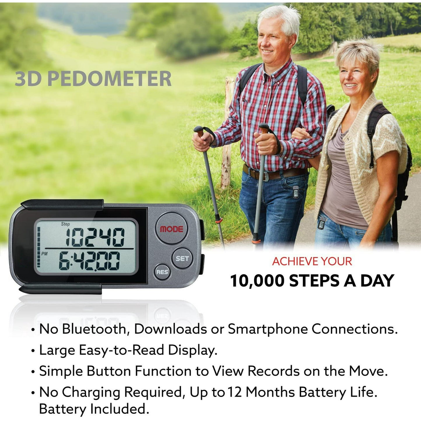 Pedometer for walking, 3D Pedometer with Clip and Strap, 30 Days Memory, Accurate Step Counter, Walking Distance Miles/Km, Calorie Counter, Daily Target Monitor, Exercise Time.