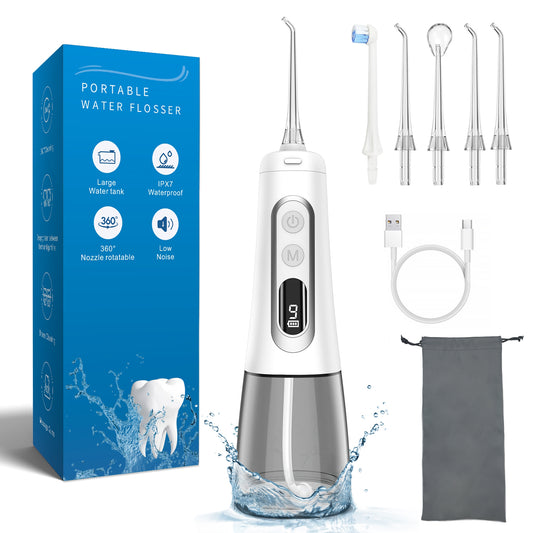 Jungle Wave Cordless Water Flosser, 300ML Large Water Tank Water Dental Flosser with LED Display,9 Modes 5 Jet Tips, IPX7 Waterproof, suitable for Home &Travel Use（White