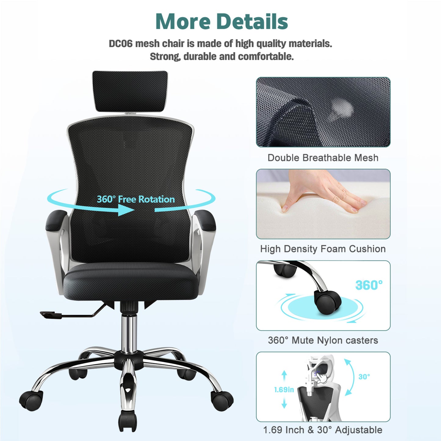 Happylost Ergonomic Office Chair,With Adjustable Headrest, Lumbar Support and PU Wheels, Swivel Computer Task Chair for Office,White