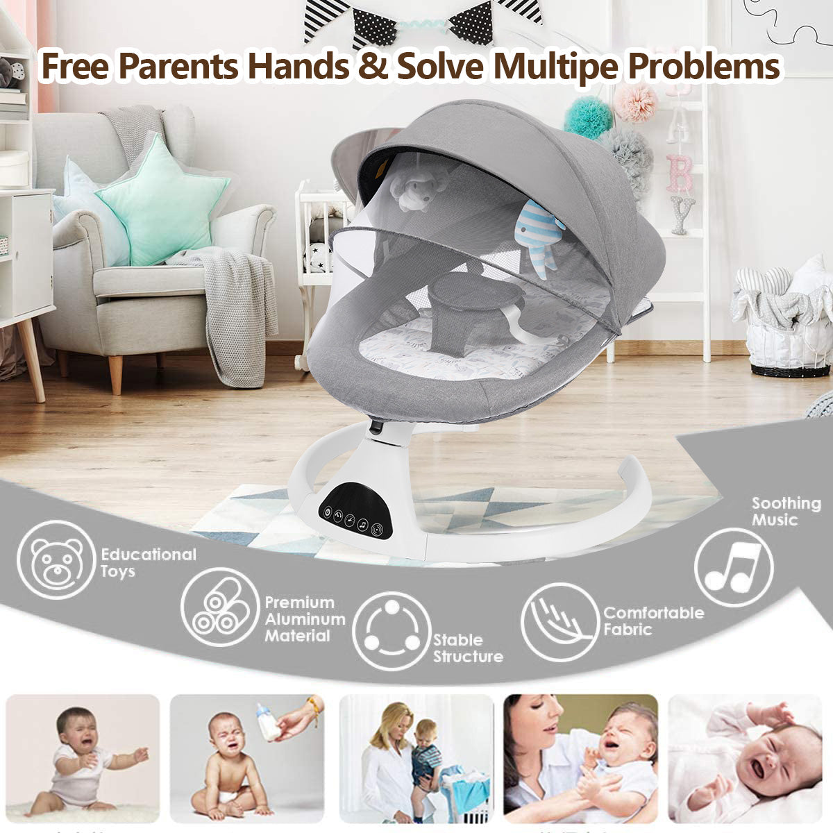 Electric Baby Swing for Infants, Bluetooth Swing Baby Bouncer Baby Rocker with Intelligence Timing, Gray