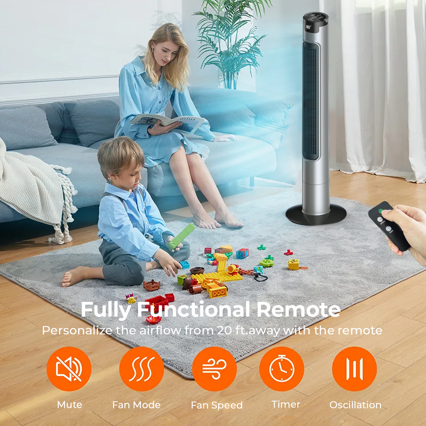 Blarity Tower Fan for Home, Quiet Bladeless Floor Fan with Remote, 90° Oscillating Standing Fans for Bedroom