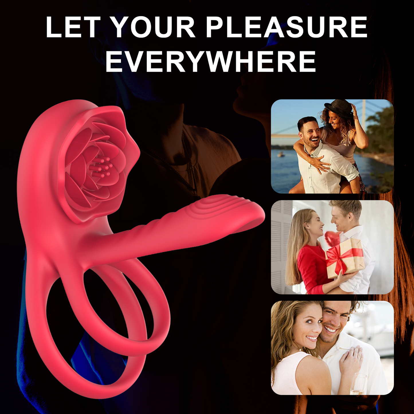 Rose Toy Vibrator Lock Rings Nipple Clitoris Stimulator Vibrators Sex Toys for Couple Delay Lick Vagina Toys with Penis Ring - Red