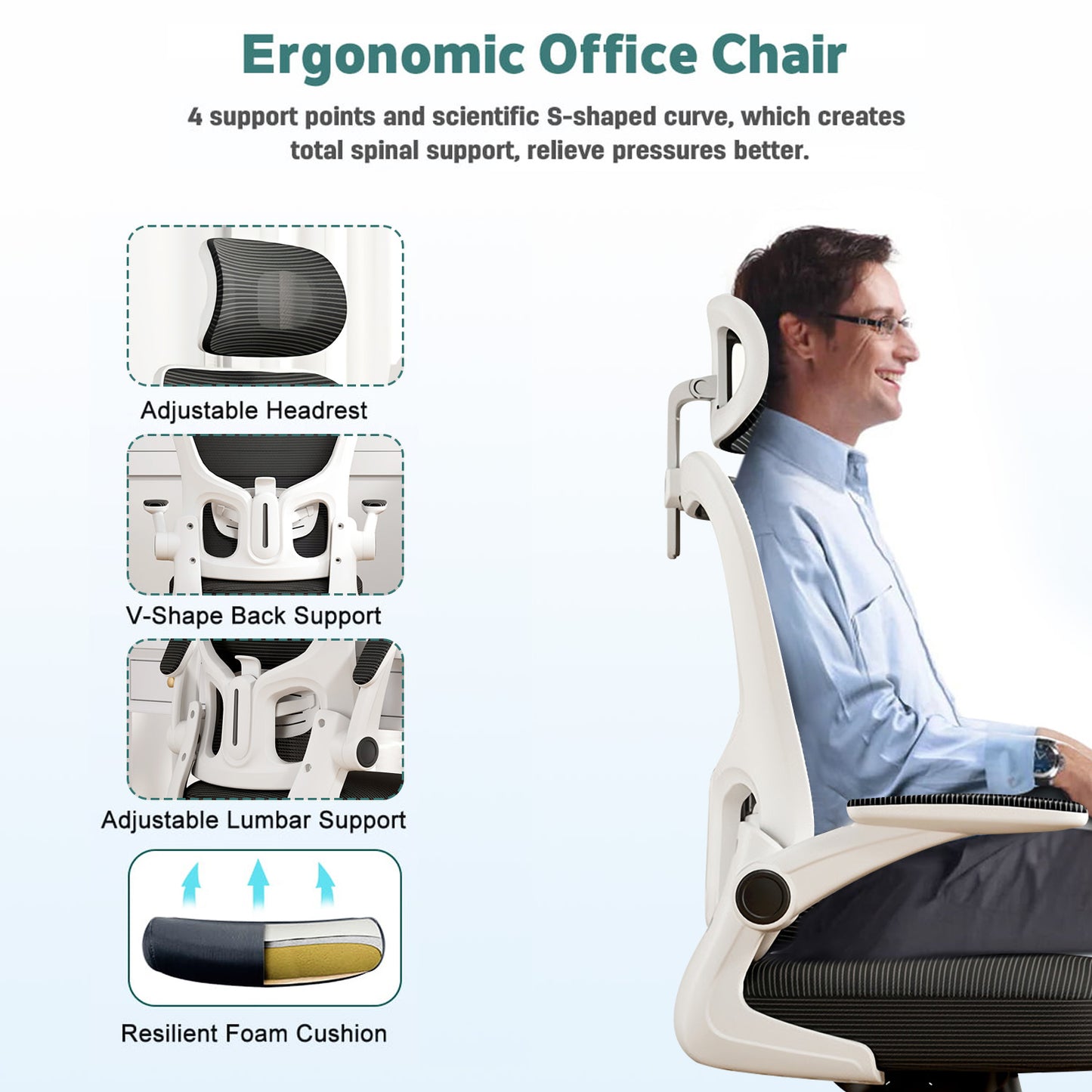 Ergonomic Office Chair with Lumbar Support and Headrest, Swivel Desk Chair with Armrests, White