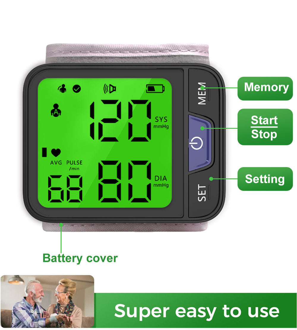 Wrist Blood Pressure Monitor Large LCD Display BP Machine Adjustable Cuff 5.31-7.68 inch Automatic 120 measurements wit