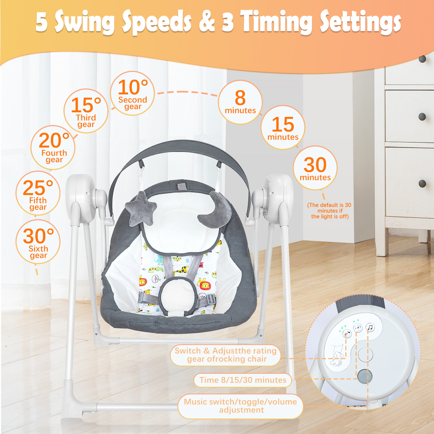 Baby Swing for Infants, 5 Speed Electric Baby Swing, Baby Rocker Adjustable Seat for Newborn & up, Gray