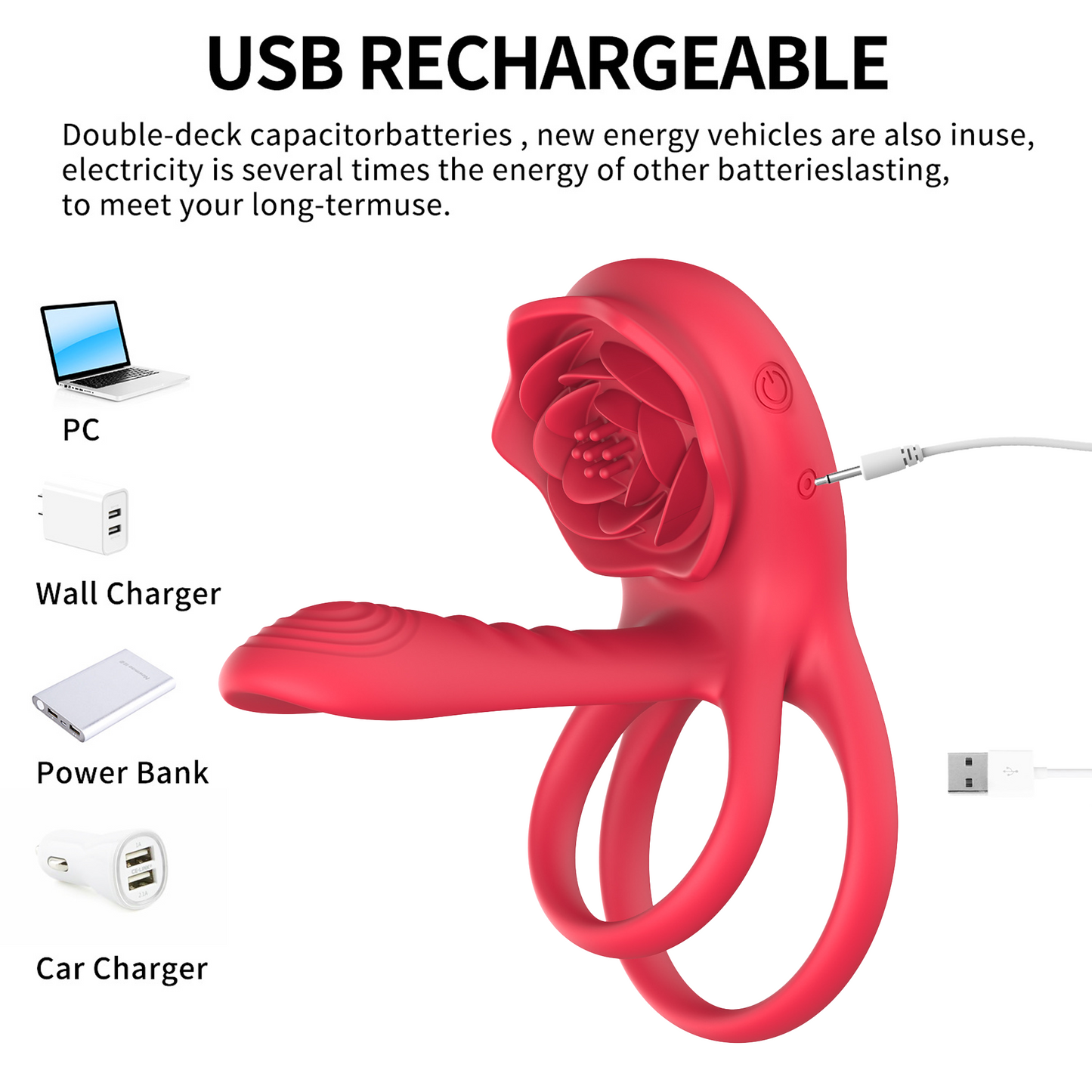 Rose Toy Vibrator Lock Rings Nipple Clitoris Stimulator Vibrators Sex Toys for Couple Delay Lick Vagina Toys with Penis Ring - Red