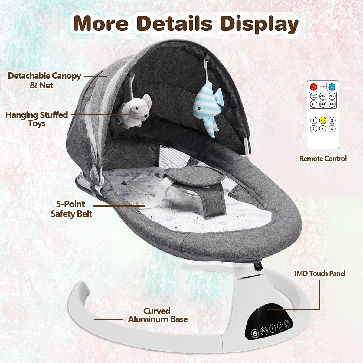 Electric Baby Swing for Infants, Bluetooth Swing Baby Bouncer Baby Rocker with Intelligence Timing, Gray