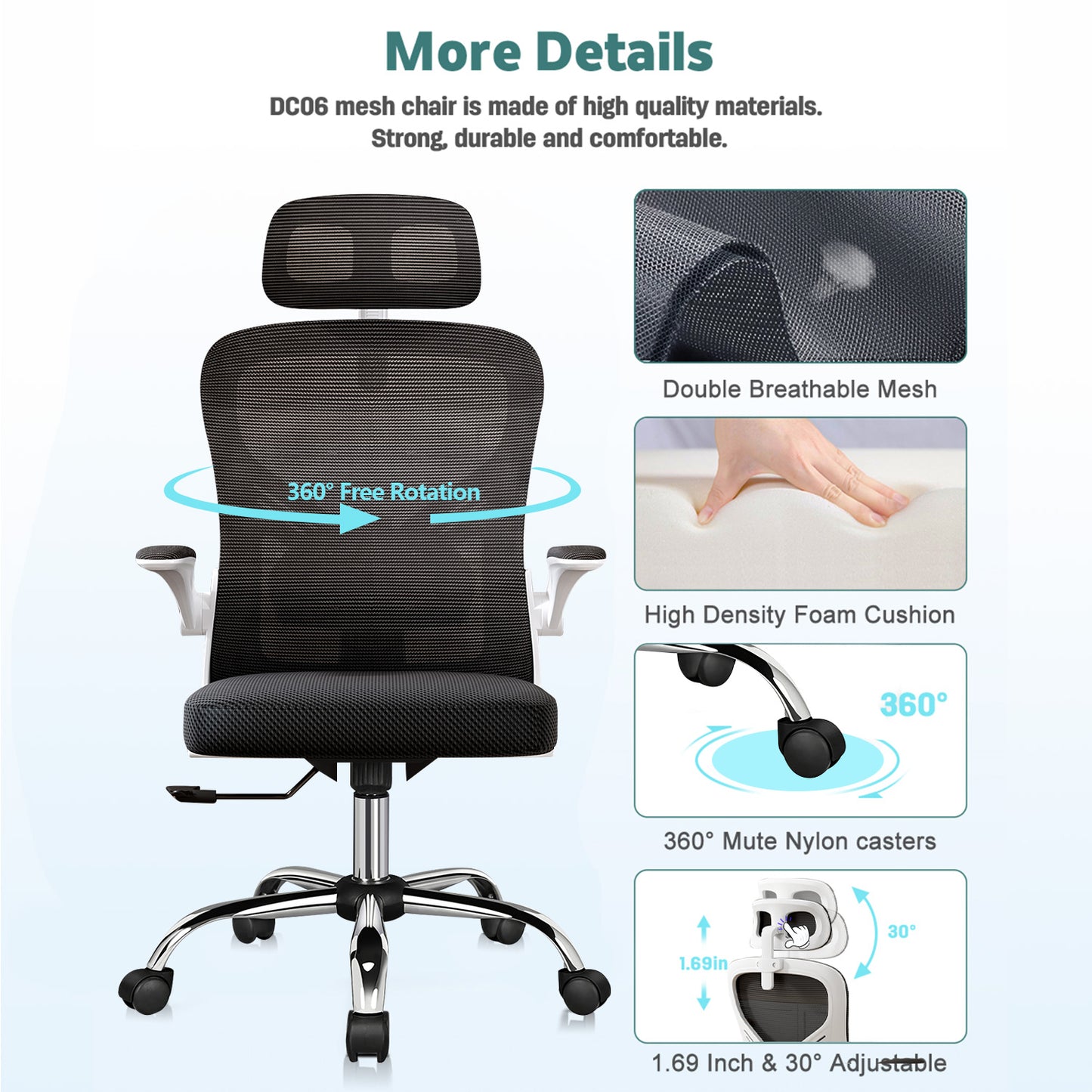 Ergonomic Office Chair with Lumbar Support and Headrest, Swivel Desk Chair with Armrests, White