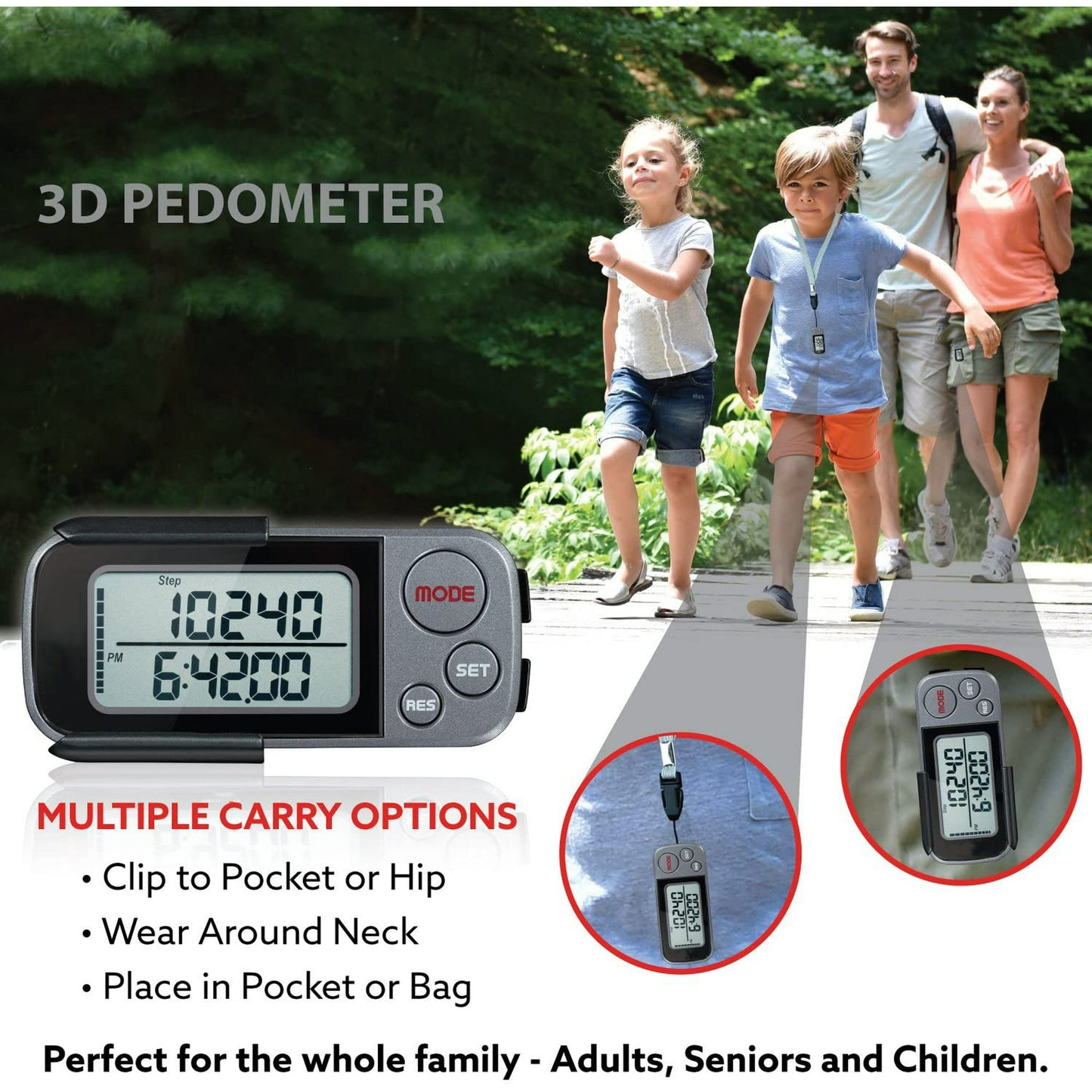 Pedometer for walking, 3D Pedometer with Clip and Strap, 30 Days Memory, Accurate Step Counter, Walking Distance Miles/Km, Calorie Counter, Daily Target Monitor, Exercise Time.