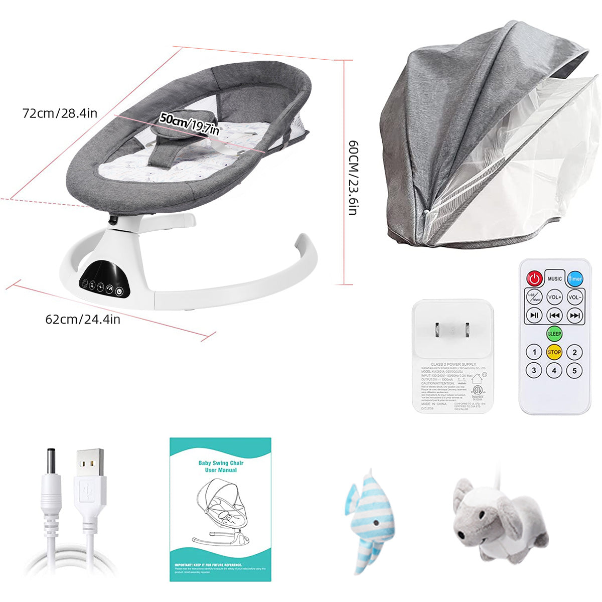 Electric Baby Swing for Infants, Bluetooth Swing Baby Bouncer Baby Rocker with Intelligence Timing, Gray