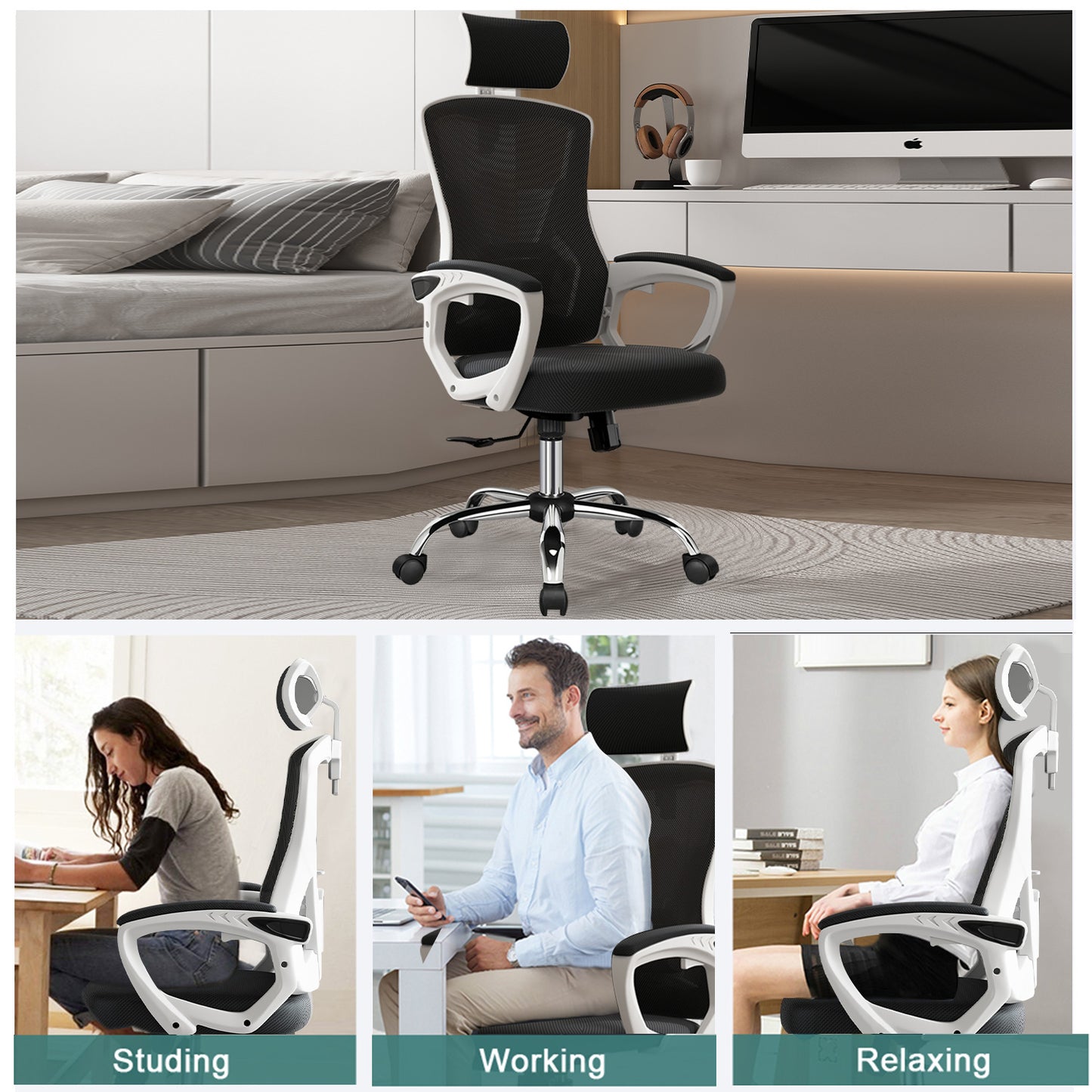 Happylost Ergonomic Office Chair,With Adjustable Headrest, Lumbar Support and PU Wheels, Swivel Computer Task Chair for Office,White