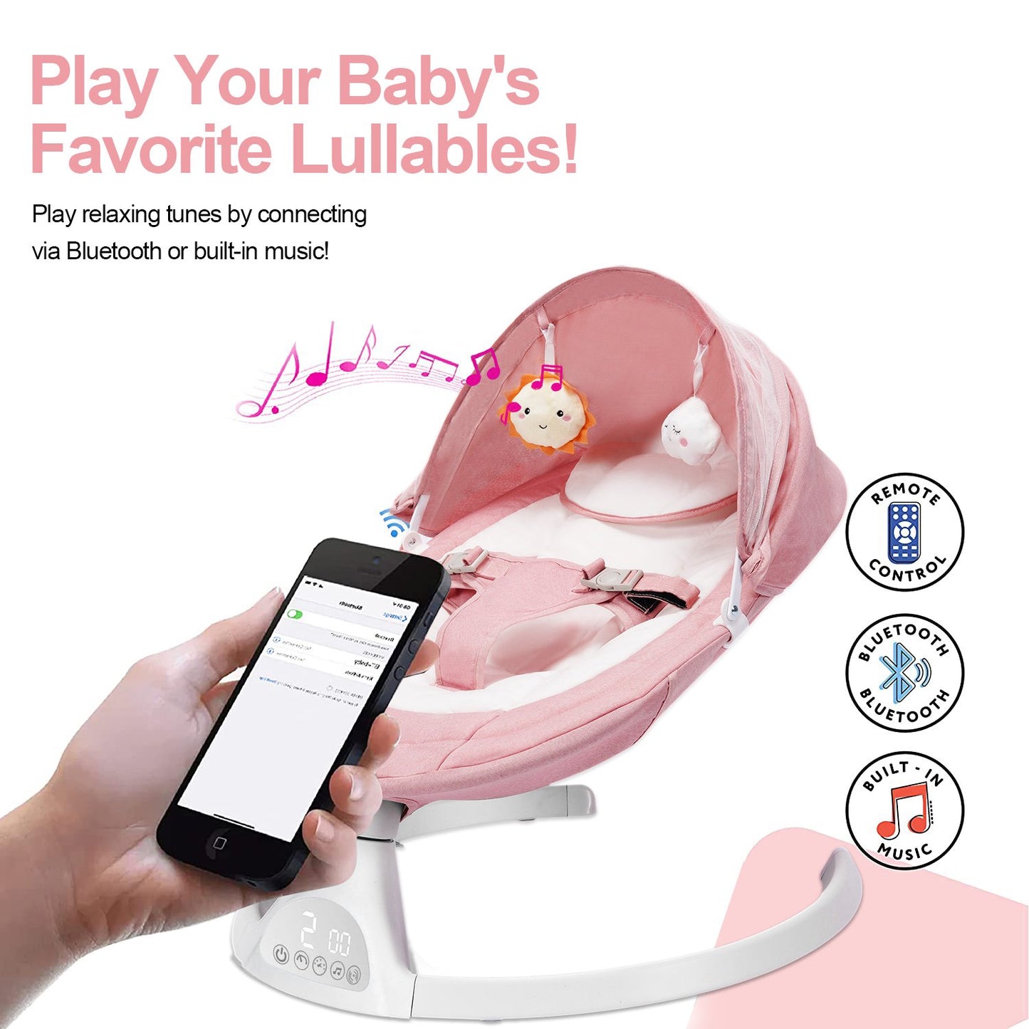 Baby Swing for Infants, Bluetooth Rocker, Newborn Electric Auto Swing Chair with 5 Gears & Time Set & Music, Pink