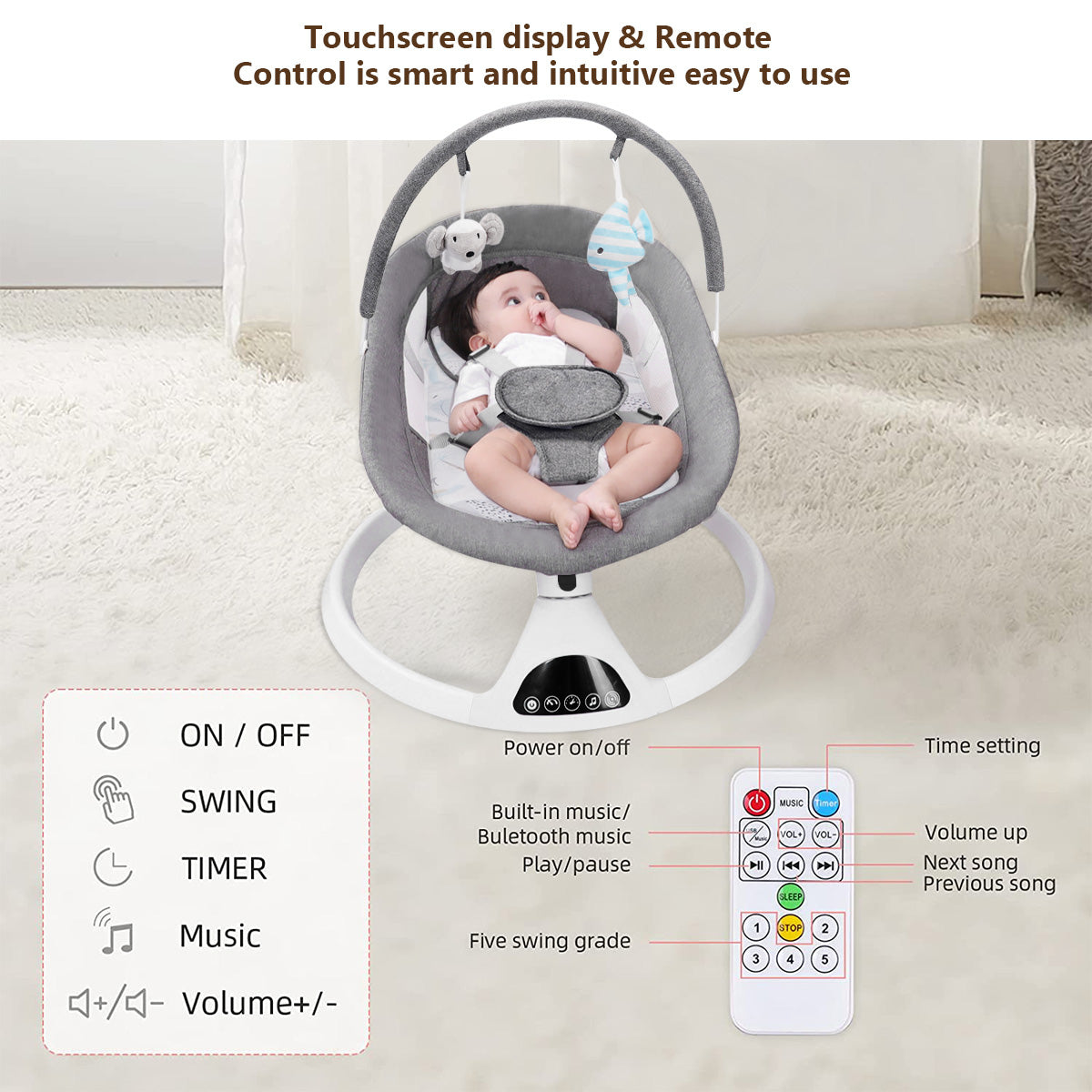 Electric Baby Swing for Infants, Bluetooth Swing Baby Bouncer Baby Rocker with Intelligence Timing, Gray