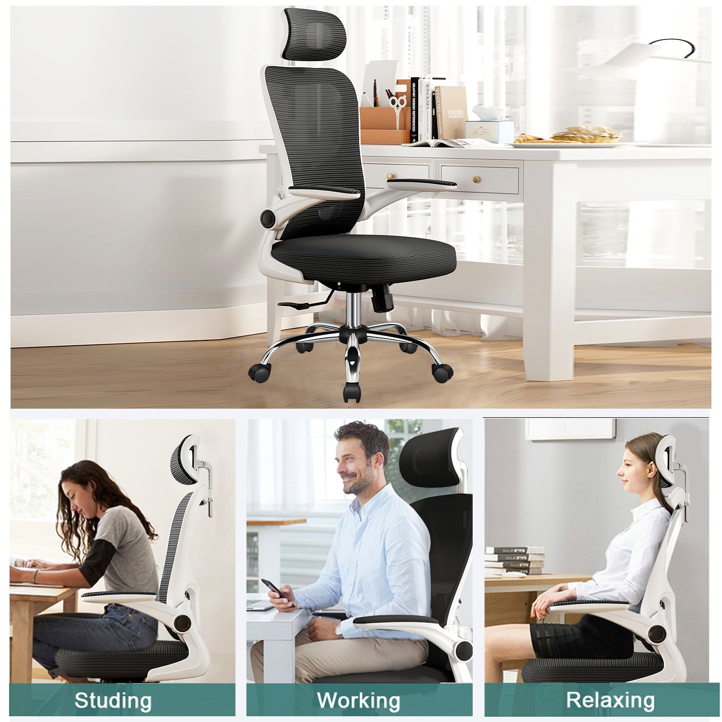 Ergonomic Office Chair with Lumbar Support and Headrest, Swivel Desk Chair with Armrests, White