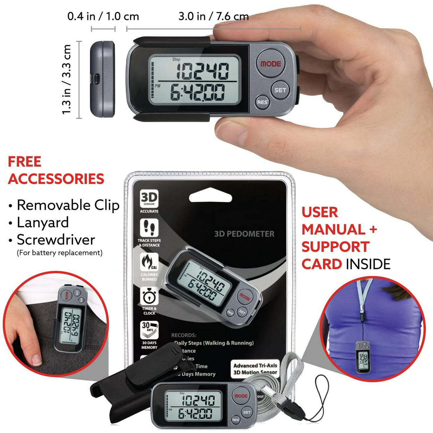 Pedometer for walking, 3D Pedometer with Clip and Strap, 30 Days Memory, Accurate Step Counter, Walking Distance Miles/Km, Calorie Counter, Daily Target Monitor, Exercise Time.