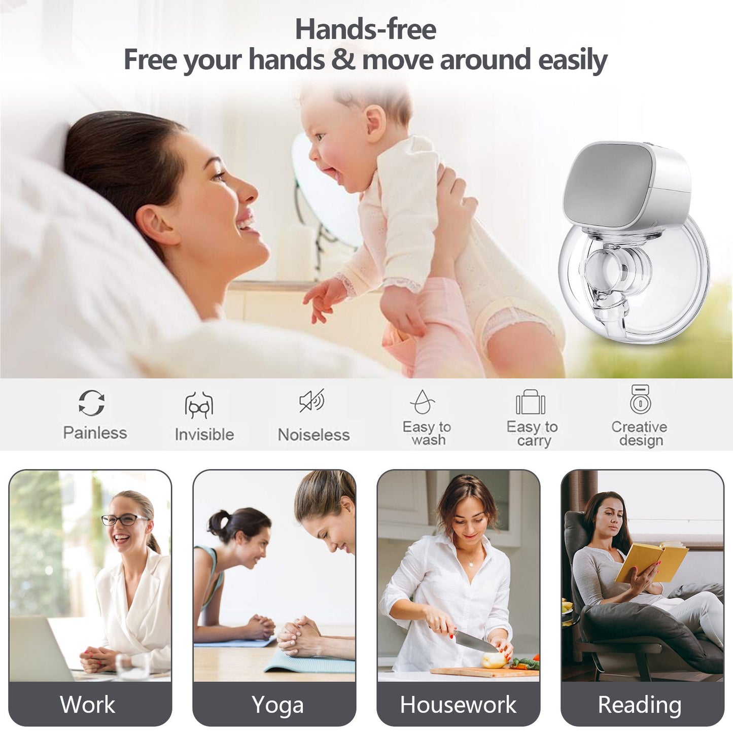 Yadala Wearable Breast Pump, Electric Breast Pump, Protable Hands-Free Breast Pumps with 2 Modes, 5 Levels