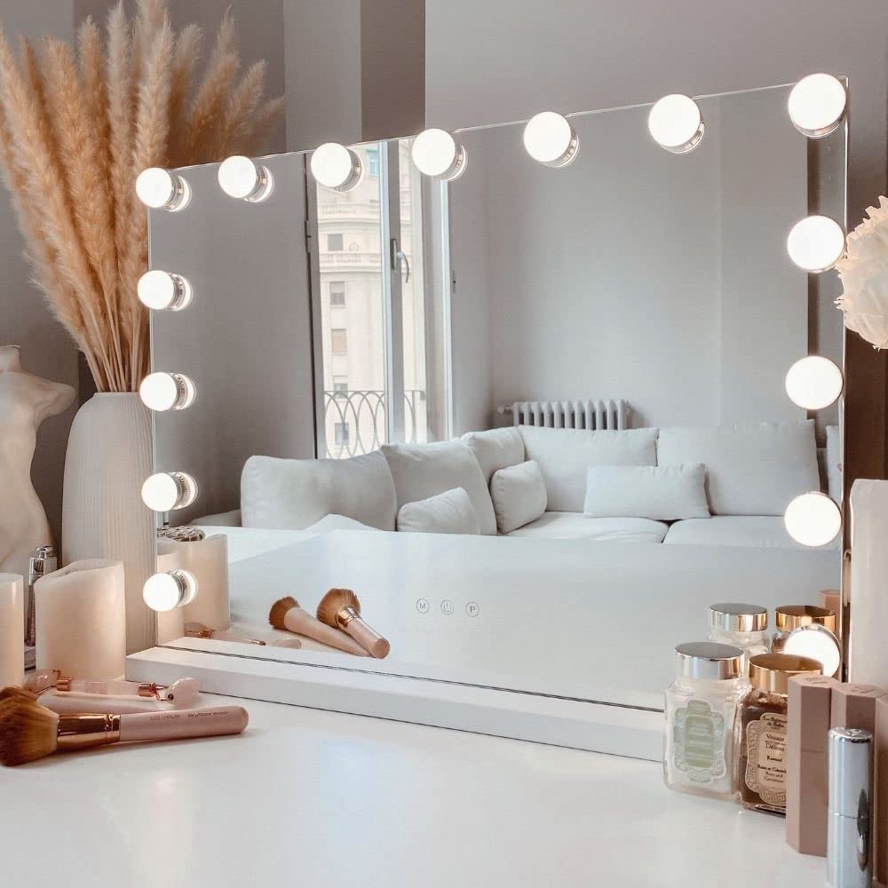 Vanity Mirror with Lights, Makeup Mirror with Lights, Hollywood Lighted Mirror with 15 Dimmable LED Bulbs, 3 Colors Modes, Touch Control, USB Charging Port, Metal Frame, White