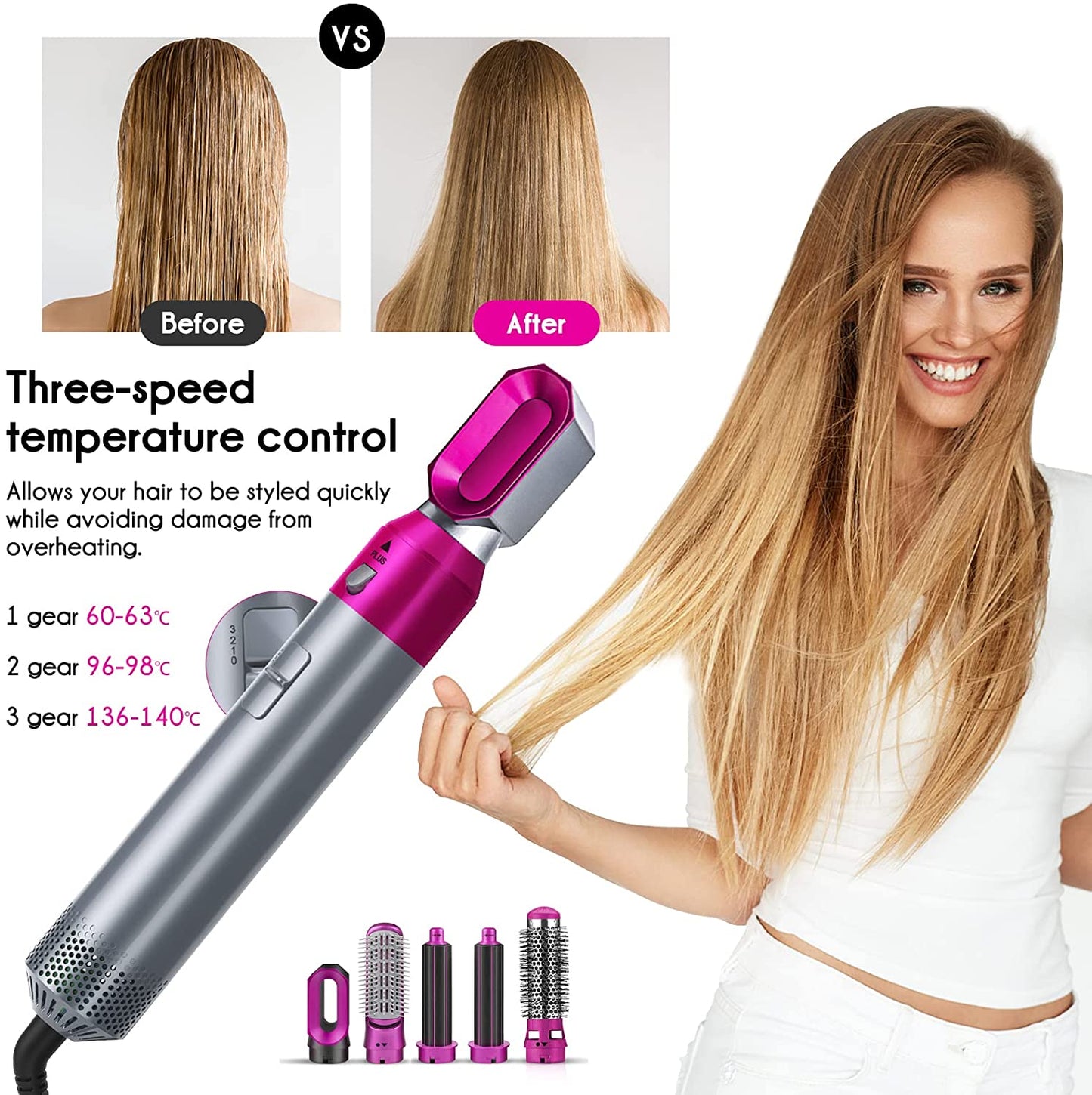 elecsop 5 in 1 Hair Blower Brush Hairdryer Hair Curler Curling Iron Detachable Hair Airwrap Styler Electric Hair Comb Rotating Hot Air Brush for All Hairstyle