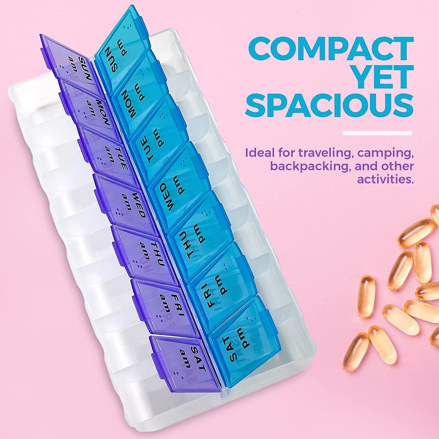 2 Pack Travel Weekly (7-Day) AM/PM Pill Organizer, Twice-a-Day Pill Case, Pill Planners, Vitamins