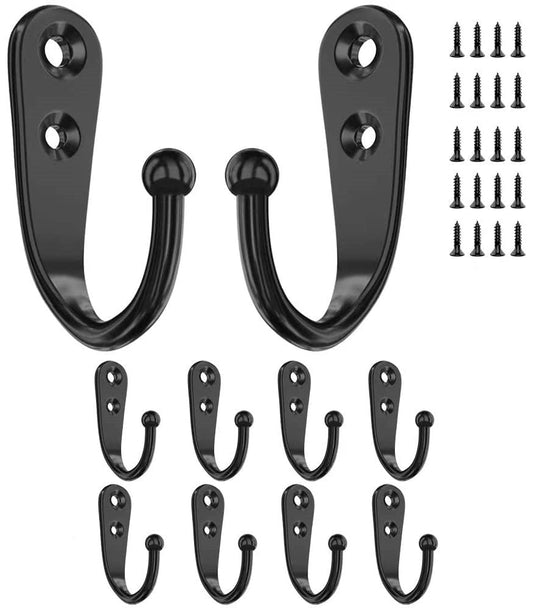 Happylost 10 PCS Black Hooks Wall Hooks Coat Hooks Robe Hook Towel Hook Hat Hook for Hanging Heavy Duty Zinc Alloy Material Coat Hanger with 20 Pieces Screws for Bath Kitchen Garage Single Coat Hanger