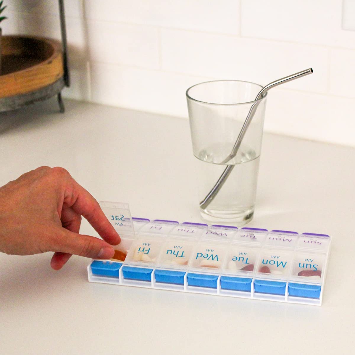 BDUN Push Button Pill Organizer, Weekly Pill, Medicine, Vitamin Organizer Box, 7 Days Pill Container, 2 Times a Day, AM PM, Large Compartments, Arthritis Friendly