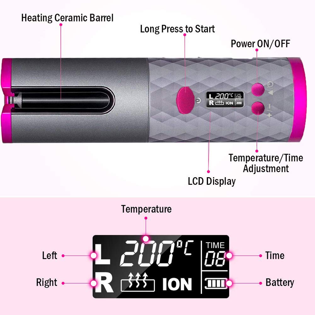 ELECSOP Cordless Hair Curling Iron - Portability Automatic Rotating Hair Curler with 6 Temperatures and Timer Settings, Auto Shut-Off Hair Curling Iron Wand