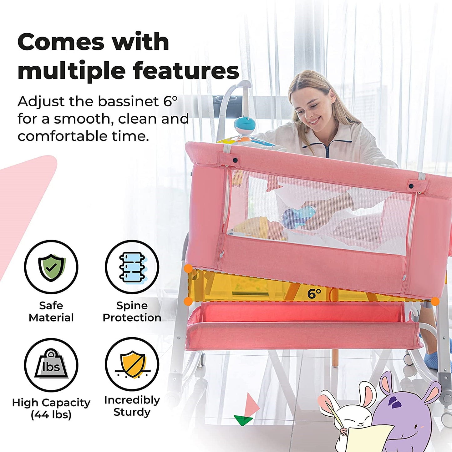 Baby Bassinet, Portable Bassinet Crib, Bedside Sleeper Baby Bed for Newborns Girl Boy Infant with Storage Bag