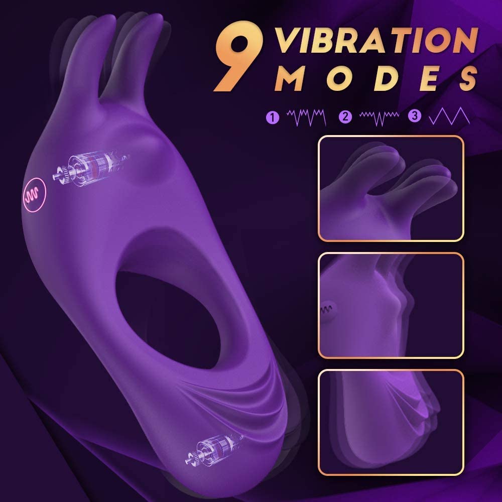 Vibrating Penis Ring with Rabbit Design, Rechargeable Penis Ring Vibrator with 9 Vibration Modes ,Centerel Silicone Male Sex Toy for Man and Couple Play