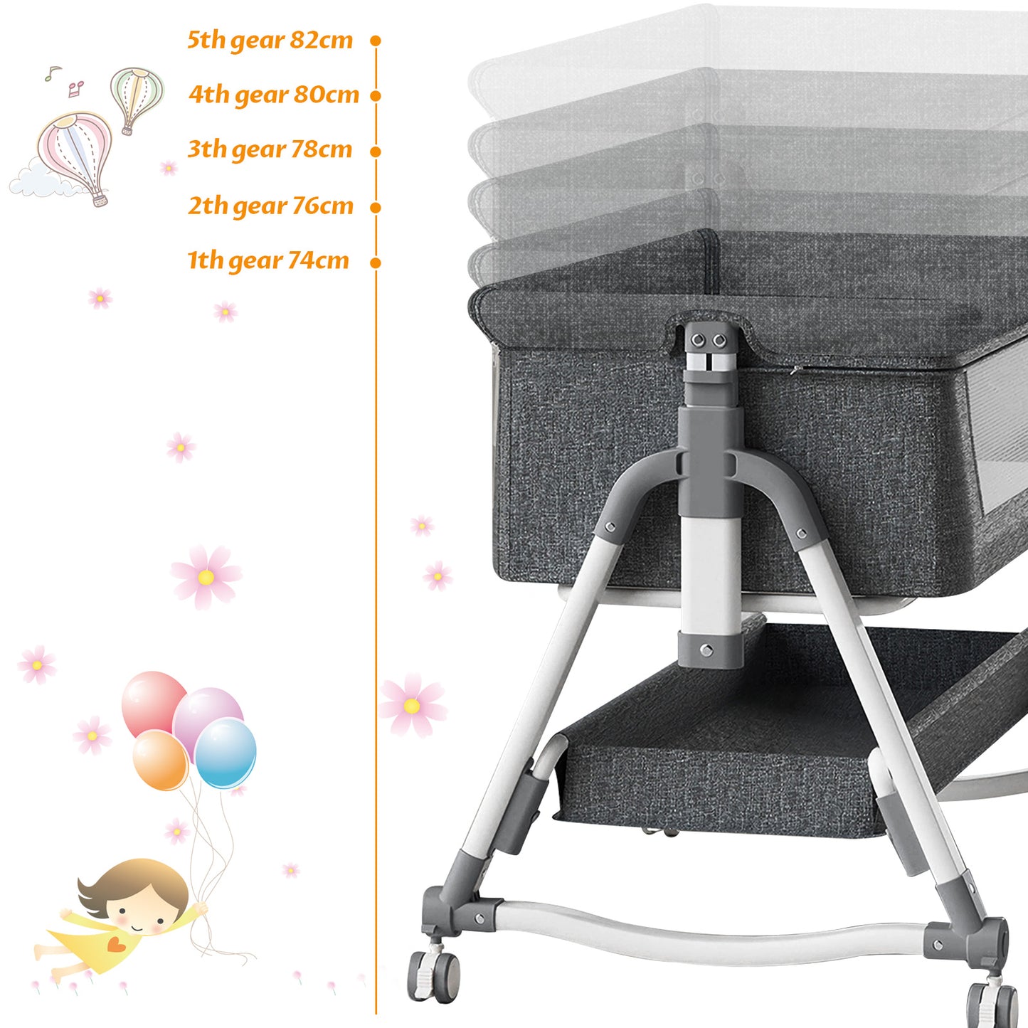 Yadala Bedside Cribs, Baby Bassinet Travel Baby Crib Baby Bed with Breathable Net, Adjustable Portable Bed for Infant/Baby with Mattress,Gray