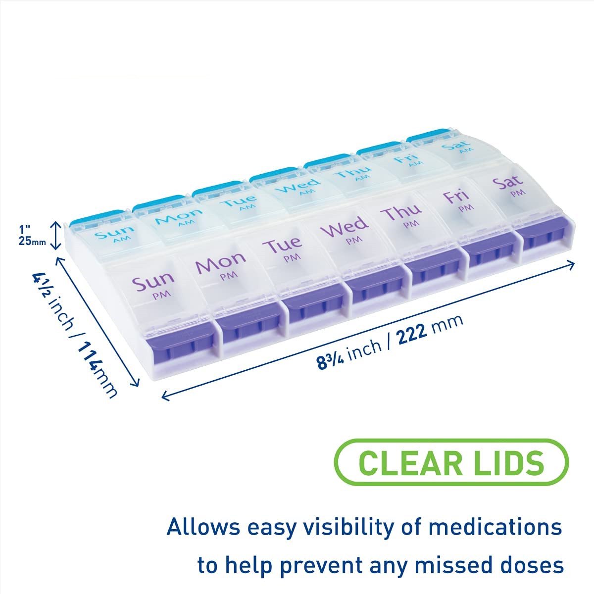 BDUN Push Button Pill Organizer, Weekly Pill, Medicine, Vitamin Organizer Box, 7 Days Pill Container, 2 Times a Day, AM PM, Large Compartments, Arthritis Friendly